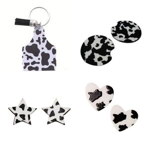 4pc cow print set - star & heart earrings,  keychain, car coasters